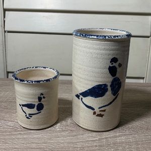 Pottery crock glazed geese goose duck utensil holder vase decor storage